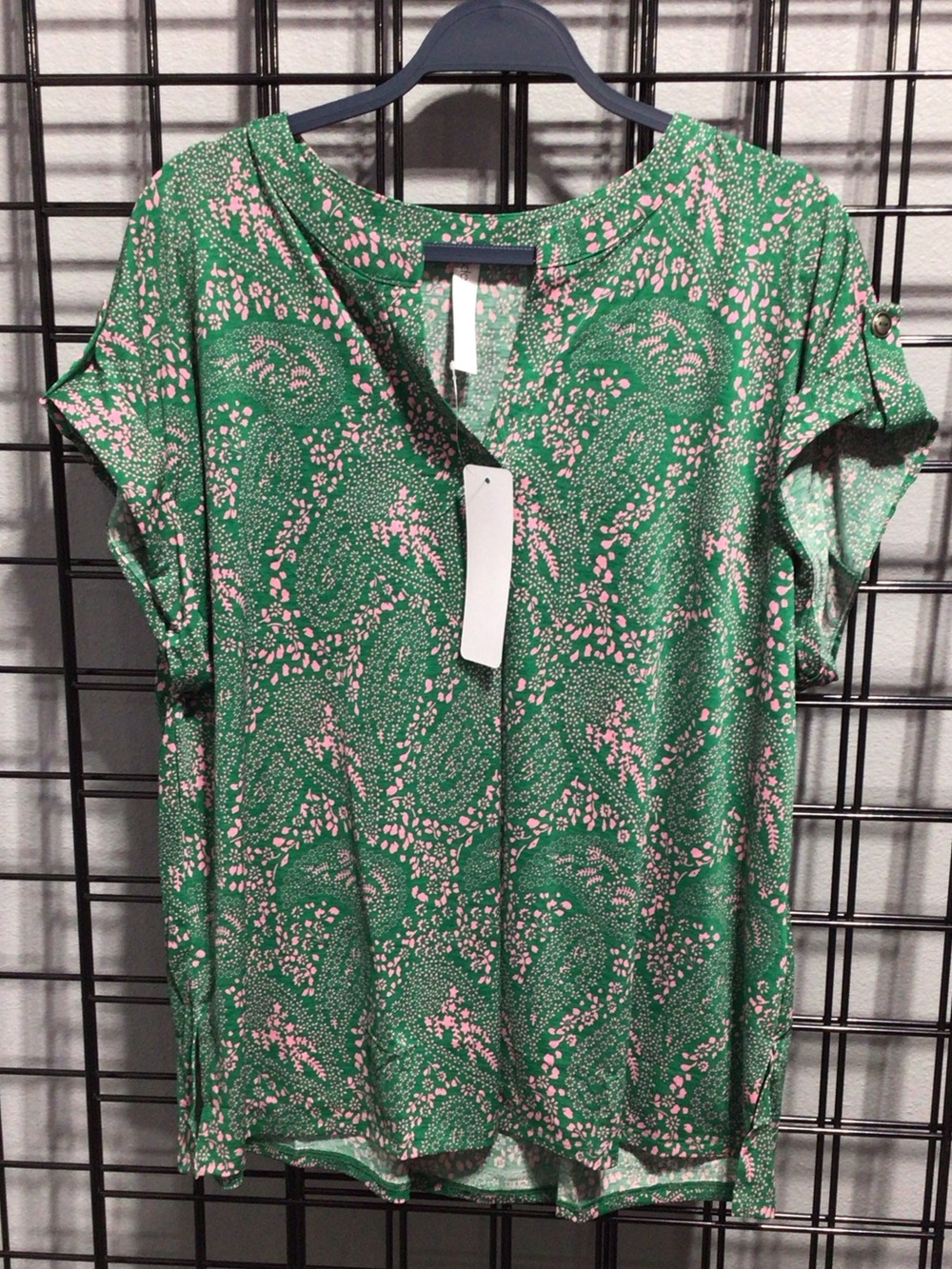 Green Paisley V-Neck Short Sleeve Blouse with Pink Accents